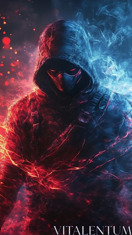 Cyberpunk hooded specter in bifurcated fire and ice field.