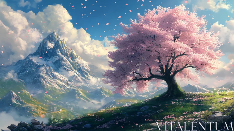 Majestic cherry blossom tree overlooking luminous alpine peaks.
