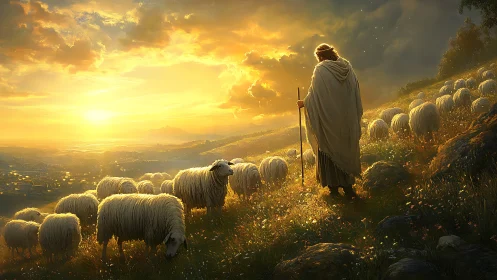 Shepherd with flock on sunlit hillside at golden sunset.