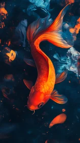 Orange koi fish in dark blue water with abstract light.