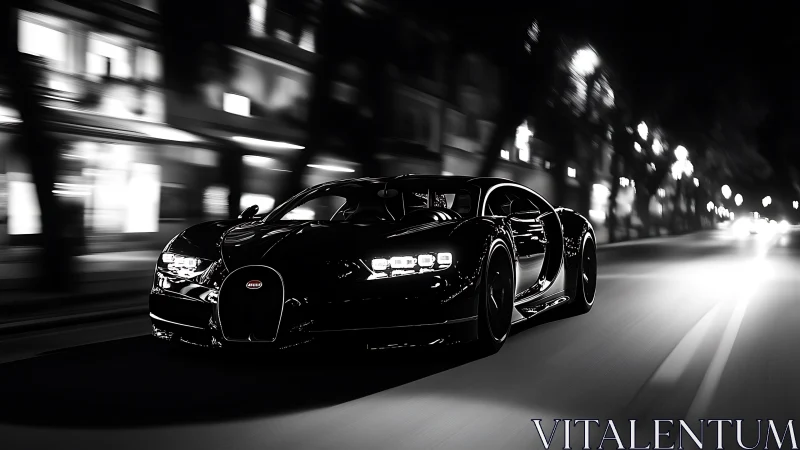 Black supercar driving through city streets at night.