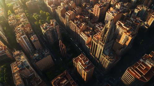 Golden hour cityscape with gothic tower and dense blocks.