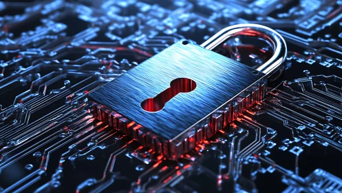 Cyberpunk circuit lock rendered as metallic security emblem.