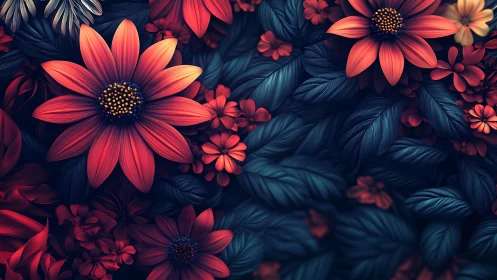 Digital rendering of layered daisy-form flowers with radial petals against atmospheric foliage