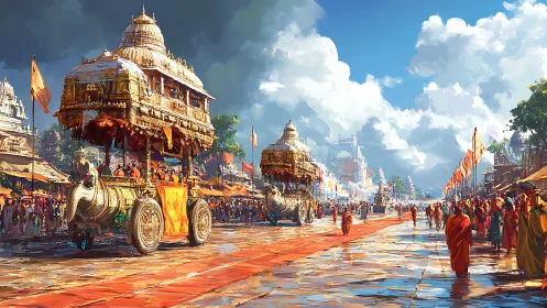 Golden temple chariots in vibrant ceremonial street procession.