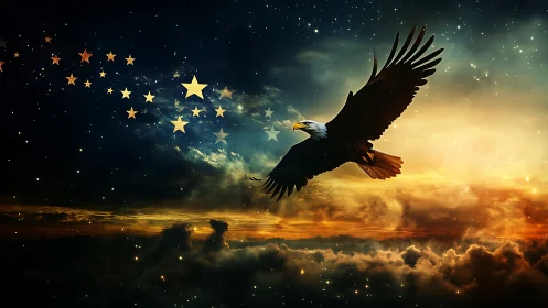 Soaring bald eagle against starry sky and glowing clouds.
