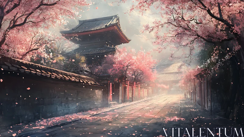 Whispers of sakura drifting through a tranquil temple street.