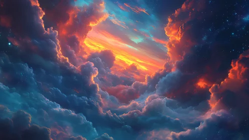 Vivid digital skyscape shows glowing clouds and sunset light
