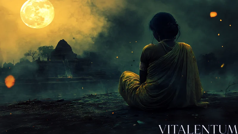 Solitary woman watches temple under eerie full moon glow