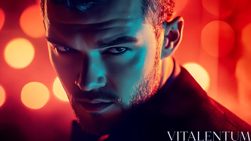 Intense male portrait glows in neon teal and fiery orange bokeh.