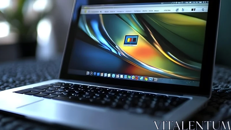 Modern laptop displaying colorful abstract wallpaper in soft focus.