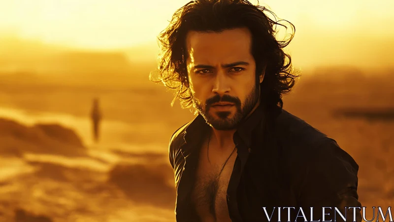 Backlit bearded man in desert landscape under golden haze