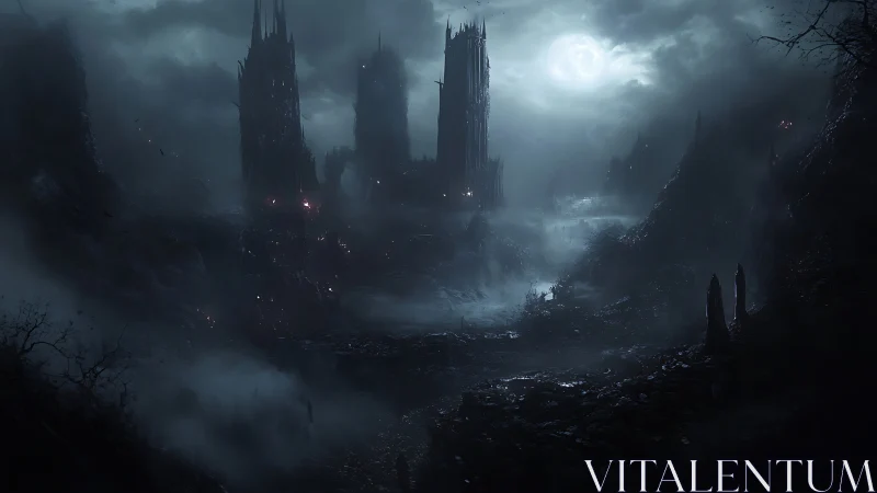 Gothic moonlit citadel in misted ravine, digital painting study.