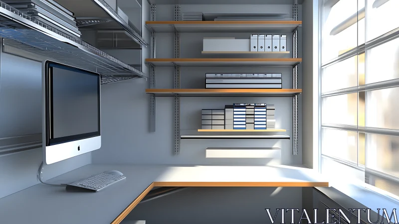 Minimalist home office workstation rendered in clean 3D visualization