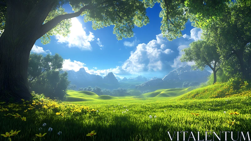 Sunlit valley meadow unfolds beneath bright summer sky.