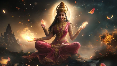Hindu goddess figure in seated pose with fiery orbs. Period.