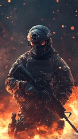 Emberline trooper strides through shrapnel-bright inferno.