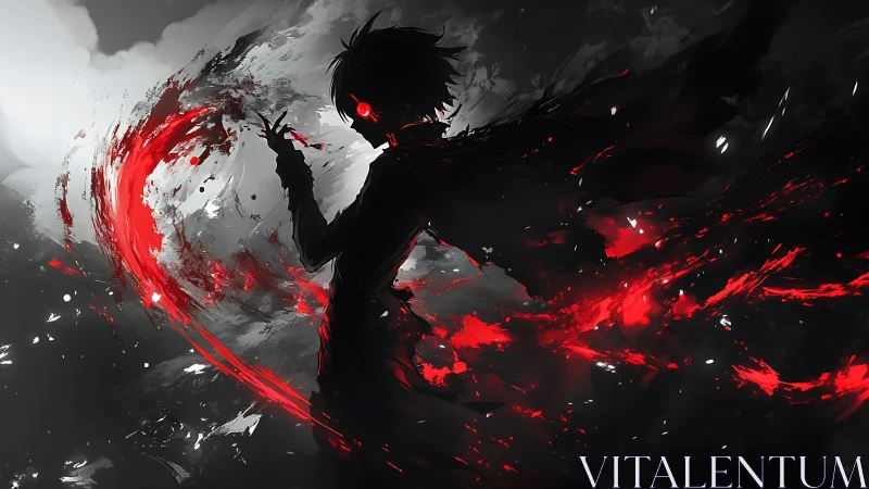 Silhouetted energy caster in red-black high contrast vortex.