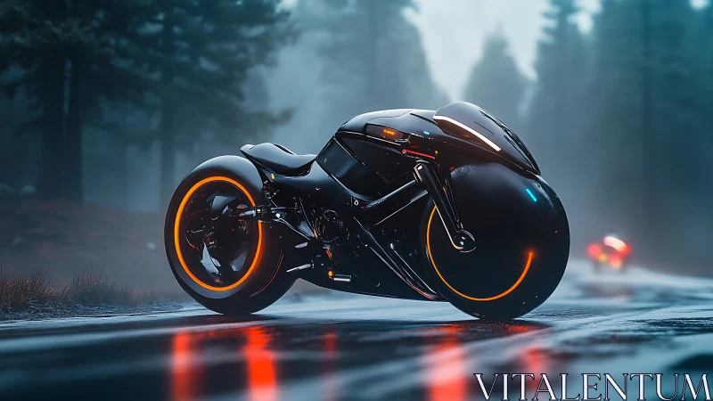 Futuristic neon motorcycle slices through a misty forest road.