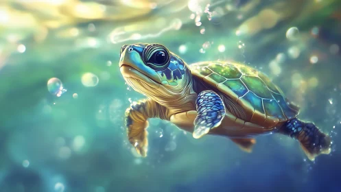 Sea turtle swimming through sunlit underwater scene.