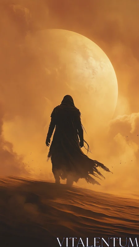 Hooded wanderer crosses burning dune under colossal moon.