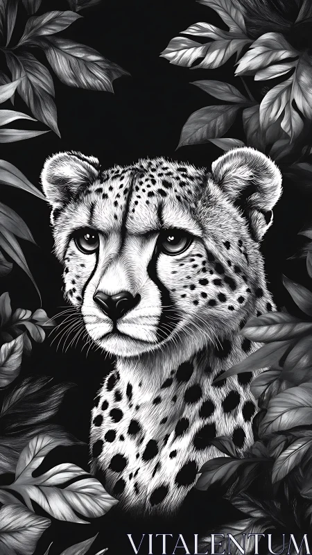 Monochrome cheetah portrait emerging from dark foliage.