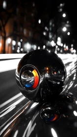 Chrome sphere on city street with light trails at night.