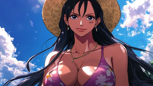 Anime beach portrait of dark-haired woman in straw sunhat
