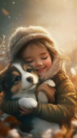 Child embracing corgi puppy in warm golden bokeh lighting