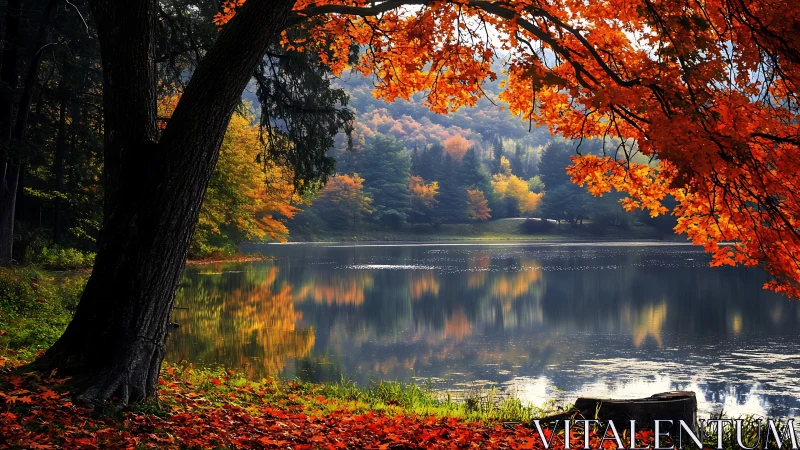 Tree and autumn foliage frame a reflective forest lake