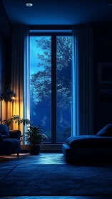 Midnight window glow in a calm, plant-filled bedroom retreat.