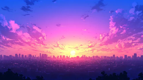 Radiant city sunset glowing with dreamy pink and violet skies.