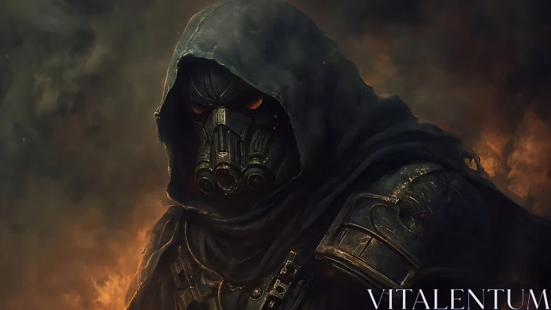 Hooded gasmask warrior in ember-lit apocalyptic haze.