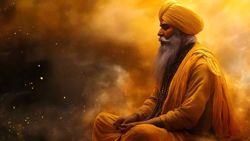 Meditative elder in saffron robes against luminous astral haze