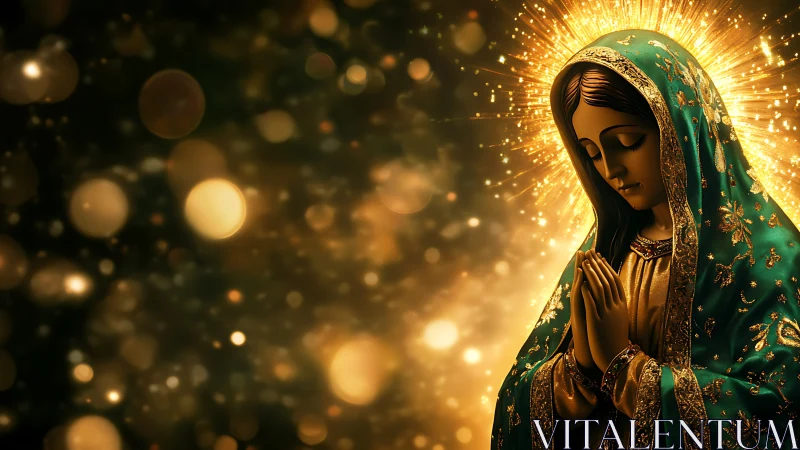 Radiant praying Madonna glows within golden celestial light