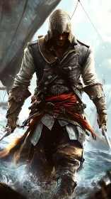 Hooded pirate warrior strides through stormy ocean battle