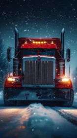 Red semi truck faces snowy winter road under night sky