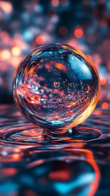 Luminous glass sphere hovers over neon rippling water