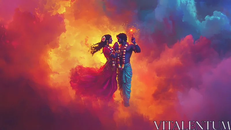 Couple in Vibrant Cloud Realm with Ornate Costumes