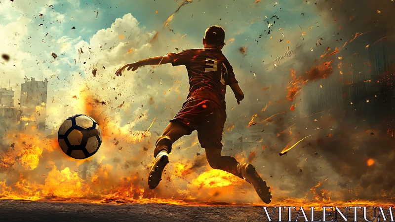 Explosive soccer kick amid cinematic firestorm effects.