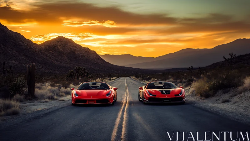 Twin scarlet supercars chase the last light of desert dusk.
