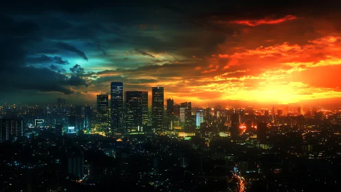 Bifurcated chromatic skyline under asymmetric sunset gradient.