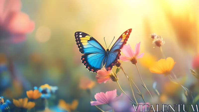 Digital painting of blue butterfly in luminous flower meadow.