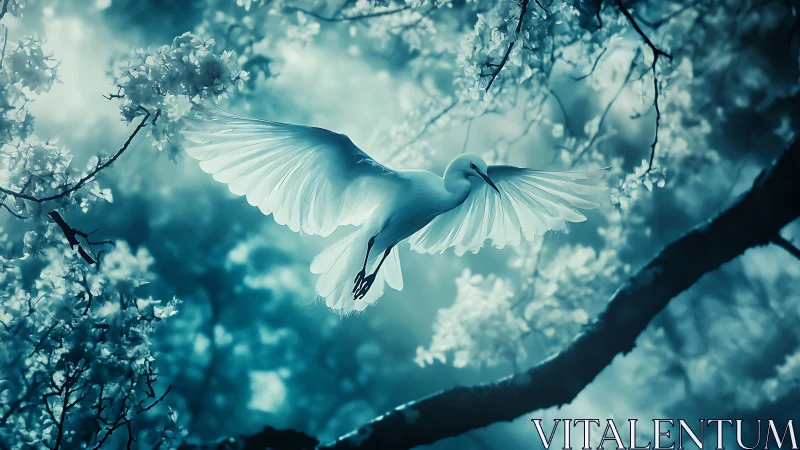 Elegant white egret in flight amid dreamy blue forest scene.