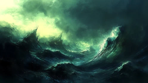 Storm-lashed emerald ocean surges beneath a glowing sky
