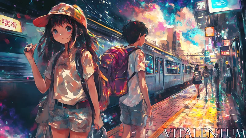 Teen travelers wait on vivid urban platform under neon sky