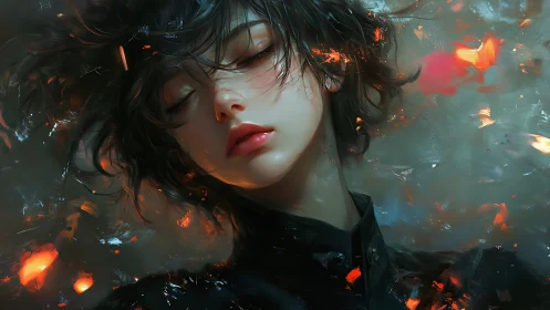 Dreaming portrait drifts through embers and soft bokeh glow.