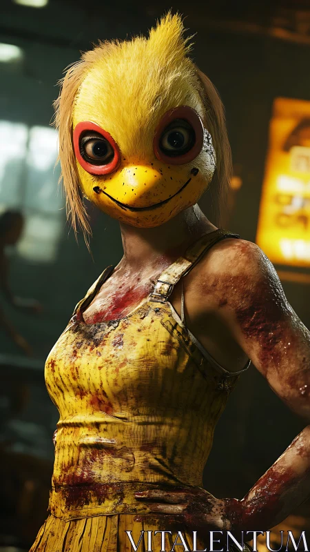 Human figure wears yellow cartoon bird mask and bloody dress