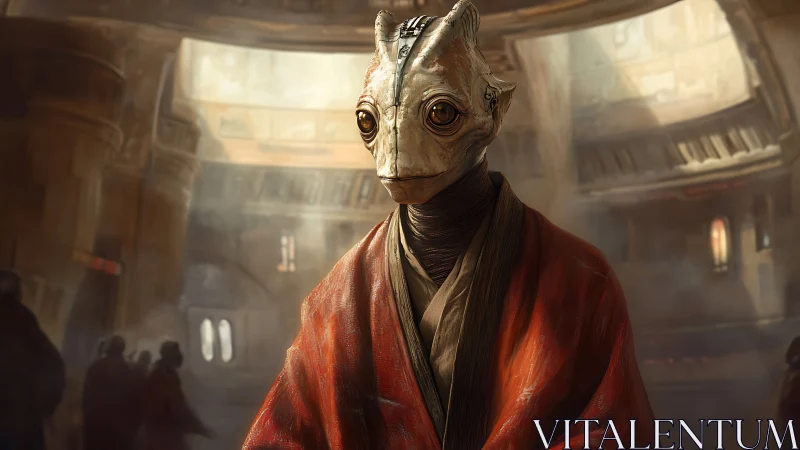 Digital painting of robed alien dignitary in vaulted hall.