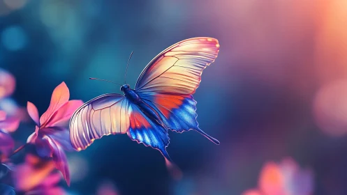 Iridescent dusk butterfly sketches light across soft blooms
